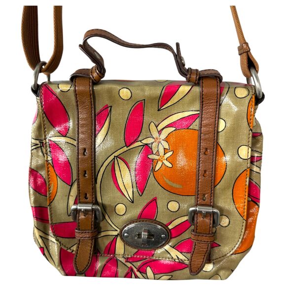 Fossil Keyper Floral Coated Canvas Brown Leather Crossbody Purse Handbag - Picture 1 of 6